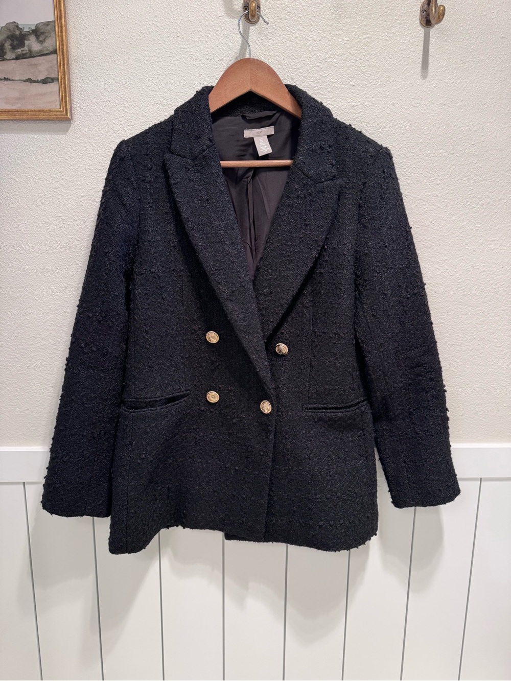 H&M Black Bouclé Double-Breasted Blazer with Gold Buttons